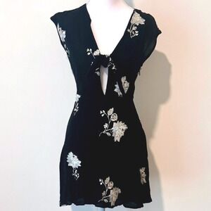 Floral Skater Dress Knotted Fromt Tie Embroidered Sadie & Sage Black XS
